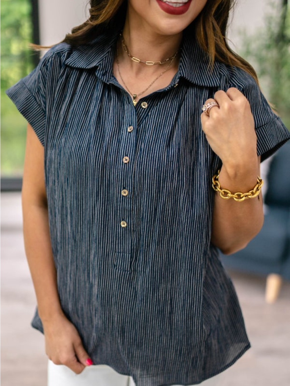 Entro Large Pinstripe Navy Blue/GrayHalf Button Down Short Sleeve Blouse Top